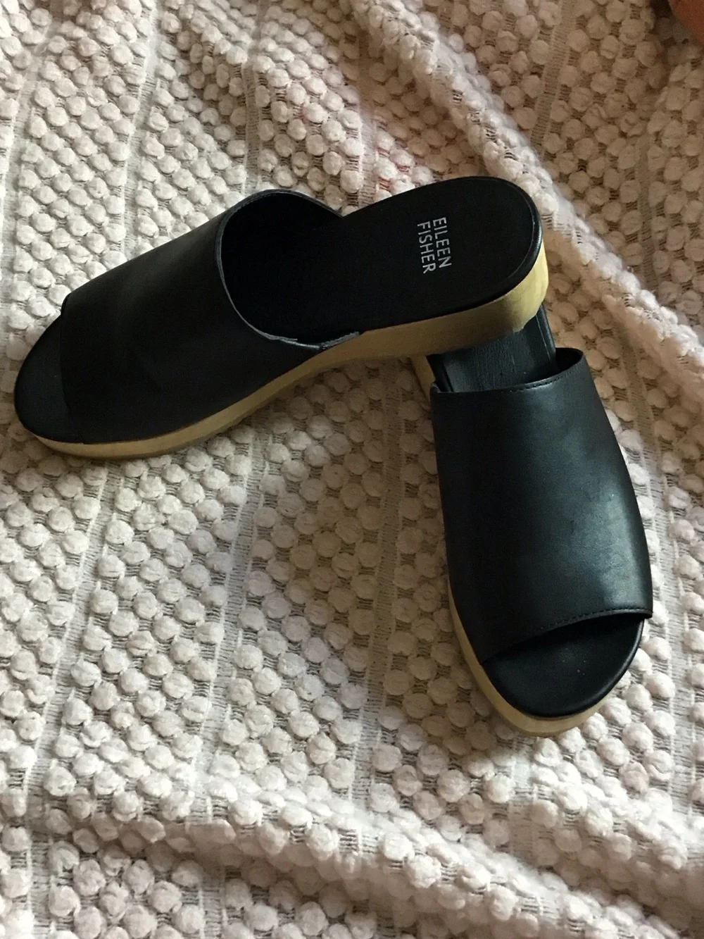 Eileen Fisher Black Novel Leather sandals with real wood Platform